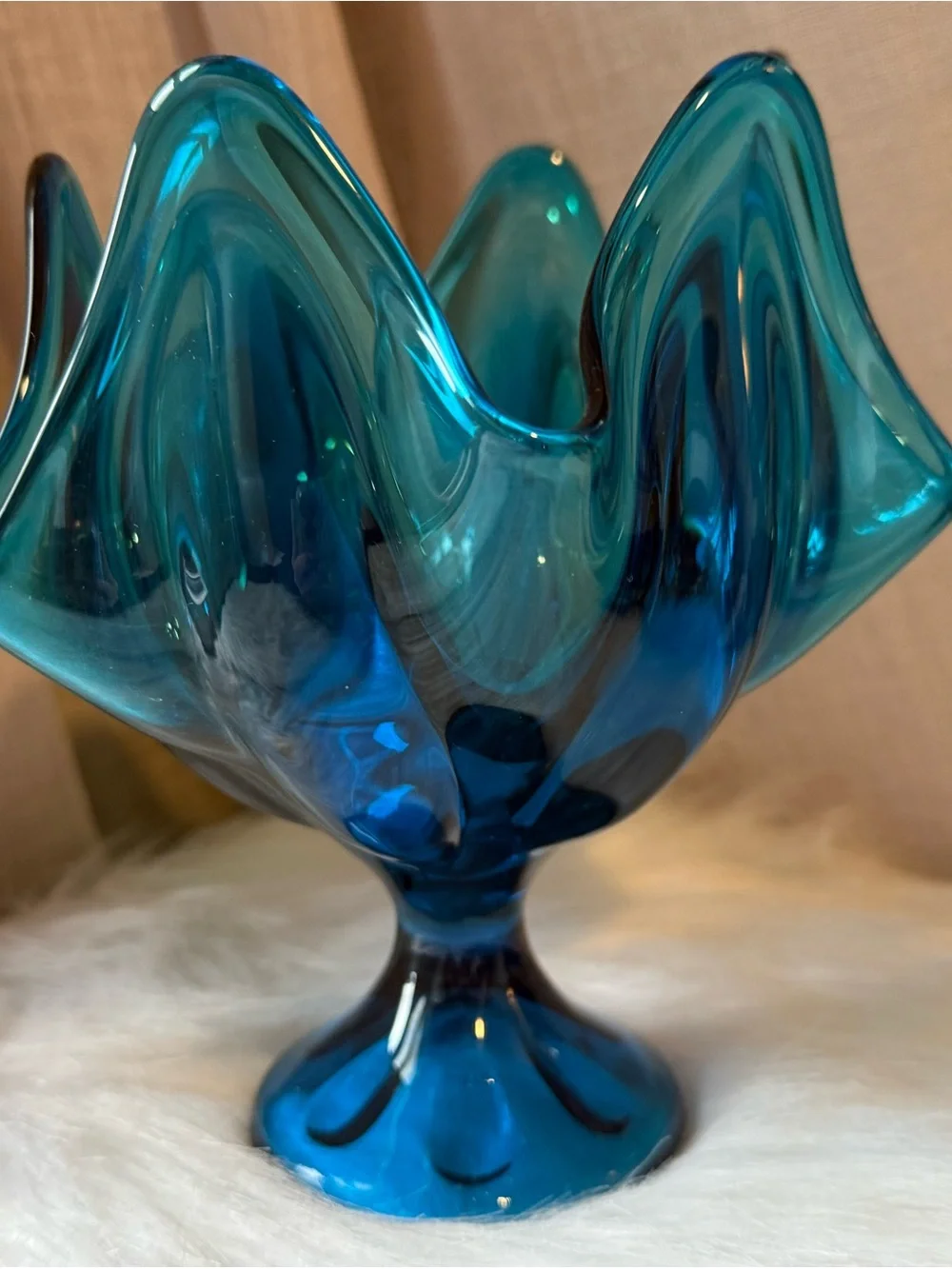 Vintage MCM Viking Glass Epic Bluenique Vase 6 Petal Handkerchief Compote